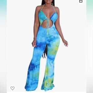 Remelon Spaghetti Strap Halter Tie Dye Print Cut Out Jumpsuit NWOT size large